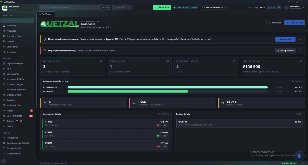 Dashboard de ventas del día en SisQuetzal v3